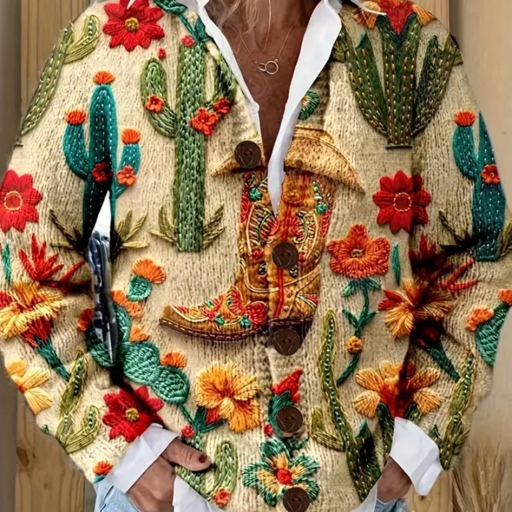 Vibrant Floral and Cactus Embroidered Cardigan
